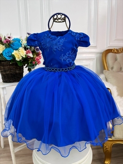Vestido Infantil Azul Royal C/ Renda e Cinto de Pérolas Luxo (1054AR) na internet