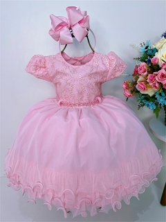 Vestido Infantil Rosa Com Renda e Cinto de Pérolas Luxo (2204RR) - comprar online