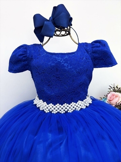 Vestido Infantil Realeza Azul Royal Renda Pérolas Festa Luxo (2251AW) - comprar online