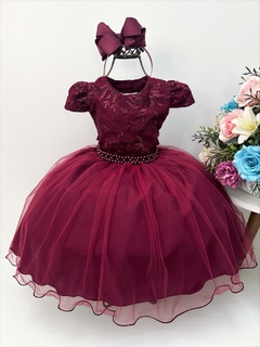 Vestido Infantil Marsala C/ Tiara e Cinto de Pérolas Renda (1054MM)