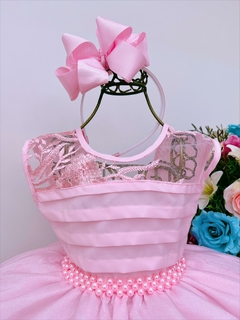 Vestido Infantil Rosa C/ Renda e Busto Plissado Daminhas (1488RS) - comprar online