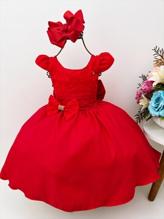Vestido Infantil Vermelho C/ Renda Laço Strass Luxo (3185VM)