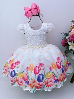Vestido Infantil Off Peito Nervura Saia Florida Pérolas Luxo (3149OM) - comprar online