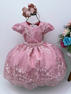 Vestido Infantil Rose C/ Renda Cinto de Pérolas Daminhas (2210RX)