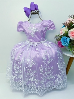 Vestido Infantil Lilás Renda Branca Realeza C/ Pérolas Luxo (2211LI)