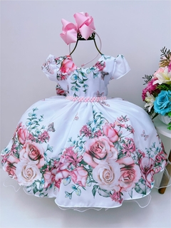 Vestido Infantil Branco Jardim das Borboletas e Pérolas Luxo (1423BC)