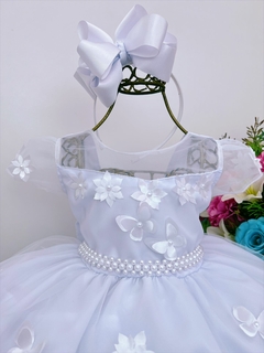 Vestido Infantil Branco C/ Aplique Borboletas Flores Pérolas (1162BC)