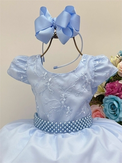 Vestido Infantil Azul C/ Renda Cinto Pérolas Luxo Batizado (602AB) na internet