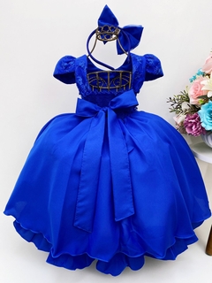 Vestido Infantil Azul Royal Renda Cinto Pérolas C/Tiara (1053AR) - loja online