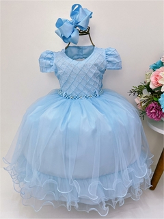 Vestido Infantil Azul Peito C/ Nervura Strass Pérolas (3552AZ) - comprar online
