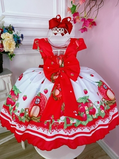 Vestido Infantil Moranguinho Vermelho Luxo Festas C/ Broche (1124VB) - loja online