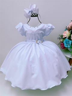 Vestido Infantil Branco C/ Broche de Flores Strass Pérolas (3532BC)