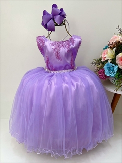 Vestido Infantil Lilás Damas de Honra Renda Pérola e Strass (2124LI)