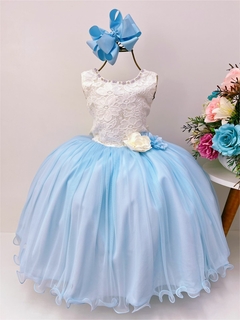 Vestido Infantil Marfim Saia Azul Aplique Flores Pérolas (4463AZ)