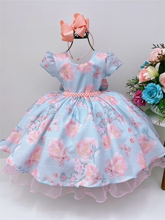 Vestido Infantil Azul Tiffany Jardim das Borboletas Pérolas (1606AT)
