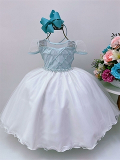 Vestido Infantil Verde Tiffany Saia Nervura Peito e Pérolas (3525VT)