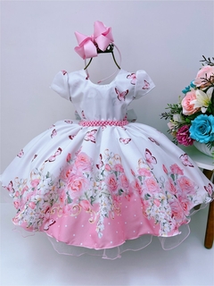 Vestido Infantil Branco Jardim das Borboletas C/ Pérolas Luxo (1600B)