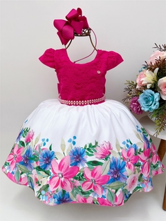 Vestido Infantil Pink Com Renda Saia Floral Branca Pérolas (3015PB)