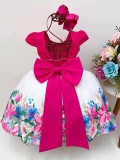 Vestido Infantil Pink Com Renda Saia Floral Branca Pérolas (3015PB) - loja online