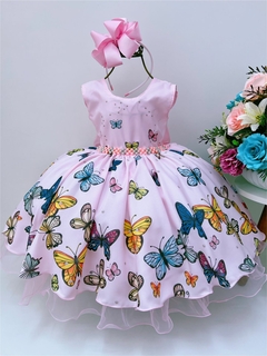 Vestido Infantil Jardim das Borboletas Rosa Luxo Festa (1425RS)