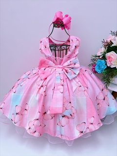 Vestido Infantil Jardim das Borboletas Rosa e Azul sem Manga (1533R3) na internet