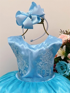 Vestido Infantil Azul Com Renda Busto Cinto Strass Luxo (2140AZ) - loja online