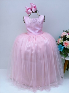 Vestido Infantil Damas de Honra Longo Rosa Pérolas Luxo (2224Rosa)