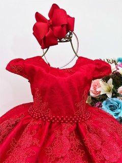 Vestido Infantil Vermelho Renda Realeza Cinto Pérolas Luxo (4610VERMELHO2) - comprar online