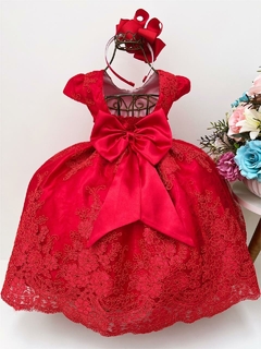 Vestido Infantil Vermelho Renda Realeza Cinto Pérolas Luxo (4610VERMELHO2) - Lily Dresses Store