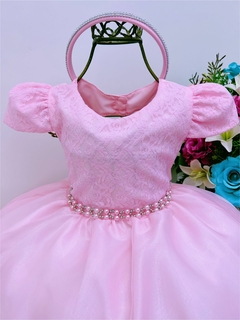 Vestido Infantil Rosa Renda Damas Cinto Pérolas C/ Tiara (1062RO)