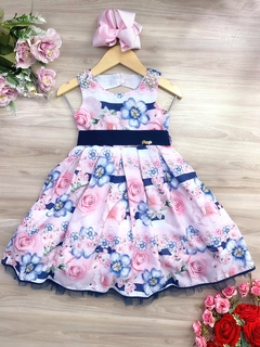 Vestido Infantil Floral Rosa e Azul Marinho Pérolas Strass (3450RA)