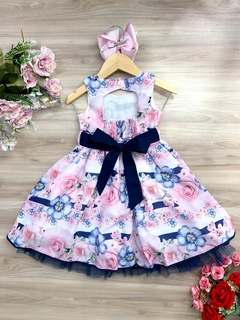 Vestido Infantil Floral Rosa e Azul Marinho Pérolas Strass (3450RA) - loja online