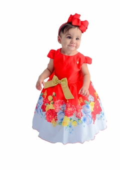 Imagem do Vestido Infantil Vermelho Floral Laço Dourado Luxo Festas (3006VM)
