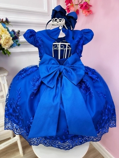 Vestido Infantil Azul Royal C/ Renda Realeza Cinto Pérolas (2210AY) na internet