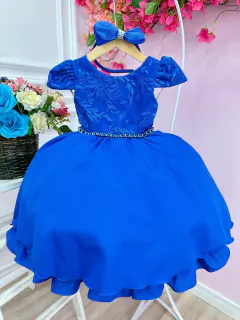Vestido Infantil Azul Royal C/ Tiara Renda Cinto de Pérolas (1053AT) - comprar online