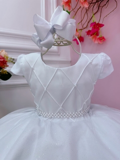 Vestido Infantil Branco Peito Nervura Cinto Pérolas Luxo (0034BR) - loja online