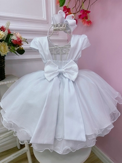 Vestido Infantil Branco Peito Nervura Cinto Pérolas Luxo (0034BR) - comprar online