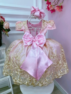 Vestido Infantil Rosa C/ Renda Realeza e Cinto de Pérolas (2190RF) - loja online