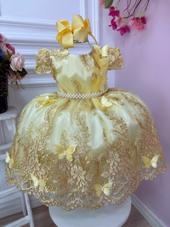 Vestido Infantil Amarelo Renda Realeza e Aplique Borboletas (2246AM)