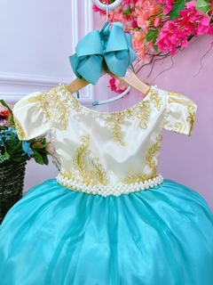 Vestido Infantil Marfim Com Verde Tiffany e Renda Realeza (2229MV) - loja online