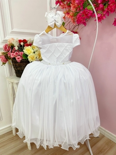Vestido Infantil Branco Com Busto Nervura e Pérolas Damas (4554BC) - comprar online