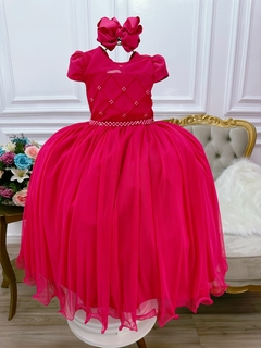 Vestido Infantil Pink Com Busto Nervura e Pérolas Damas (4554PK)