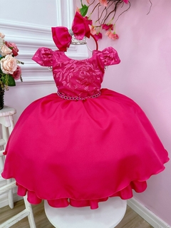 Vestido Infantil Pink Com Renda e Cinto de Pérolas Tiara (1053PY)