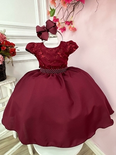 Vestido Infantil Marsala Busto Com Renda e Cinto de Pérolas (0602MA) na internet