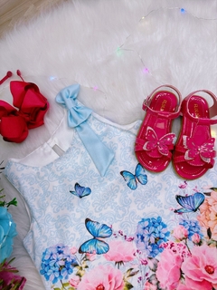 Vestido Infantil Trapézio Azul Bebê Jardim Borboletas Luxo (0051AA) na internet