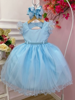Imagem do Vestido Infantil Azul Bebê Strass no Busto e Cinto de Pérolas (3589AC)