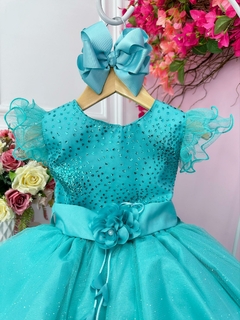 Vestido Infantil Verde Com Glitter e Broche de Flor Luxo (2313VD) na internet