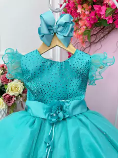 Vestido Infantil Verde Com Glitter e Broche de Flor Luxo (2313VD) na internet