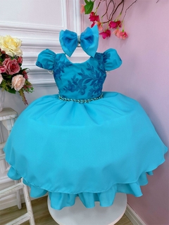 Vestido Infantil Verde Tiffany C/ Renda Laço e Cinto Pérolas (1053VG)