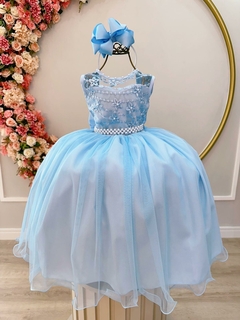 Vestido Infantil Azul C/ Renda Damas e Cinto de Pérolas (4341AK) - comprar online